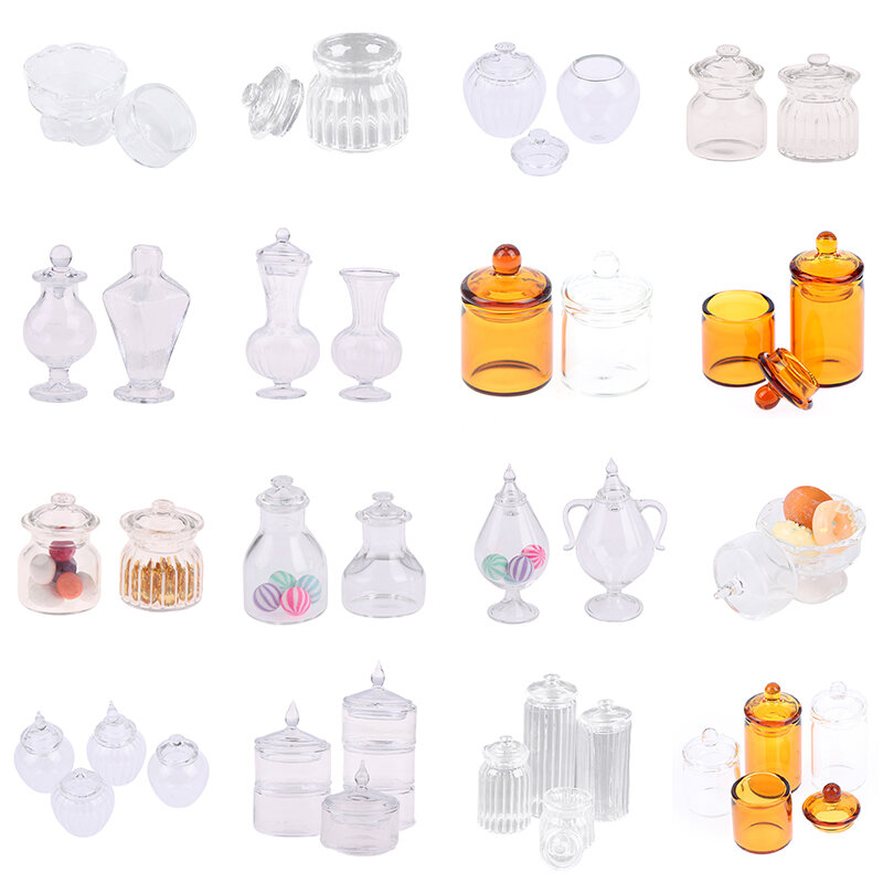 1pcマルチスタイル1/12ドールハウスミニチュアガラスキャンデーの瓶シミュレーションキャンディボトル模型玩具ドールハウスの装飾