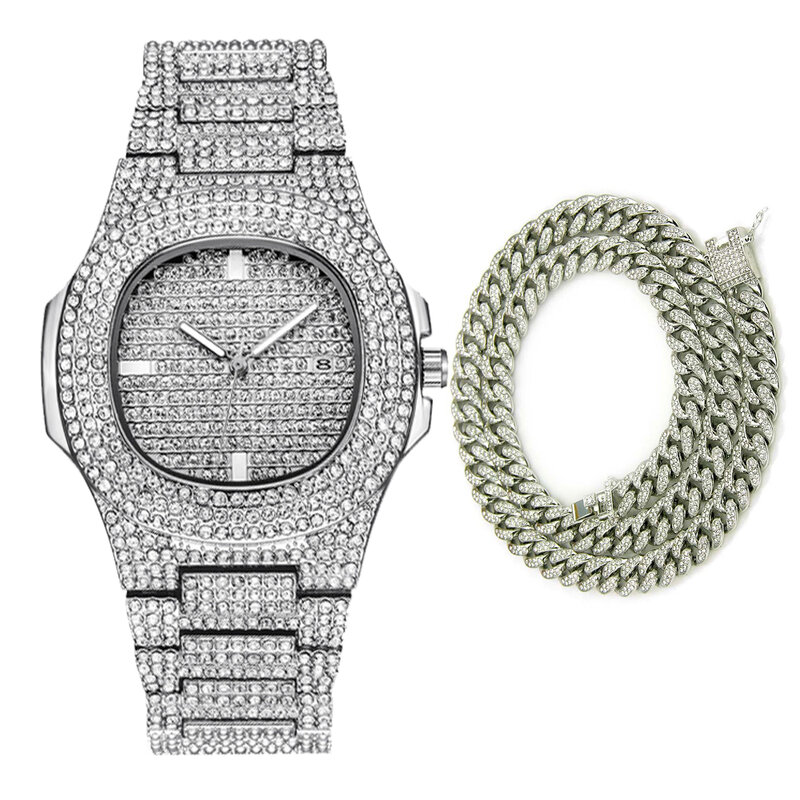 Hot Fashion Männer Uhren 2023 Luxus Diamant Uhr Wasserdicht Quarz Casual Männlichen Uhr Hip Hop Iced Out 18K Gold halskette Schmuck
