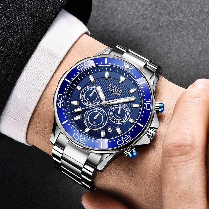 Lige novos relógios masculinos marca de luxo esporte cronógrafo aço completo relógio de quartzo à prova dbig água grande dial relógio masculino relogio masculino