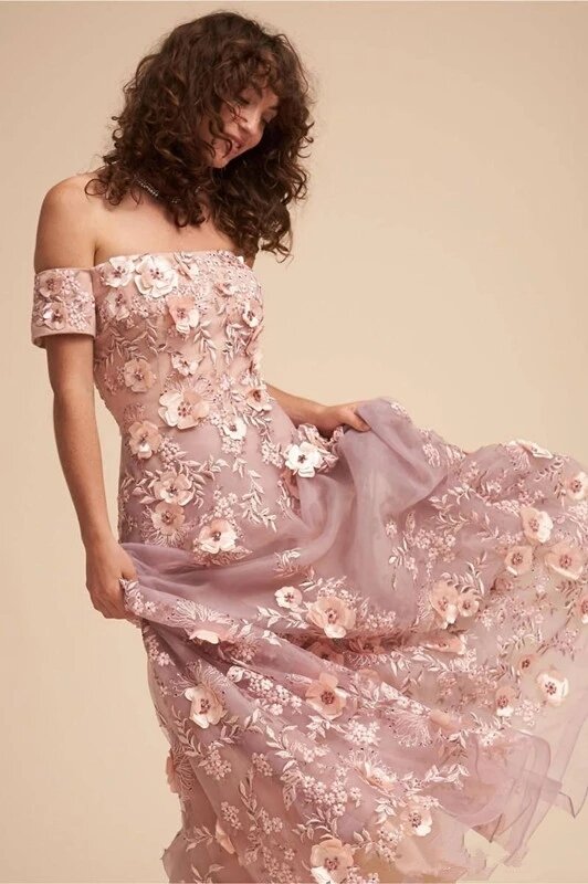 Elegant Prom Dresses A-line Off The Shoulder Tulle Appliques Flowers Beaded Long Prom Gown Evening Dresses Robe De Soiree