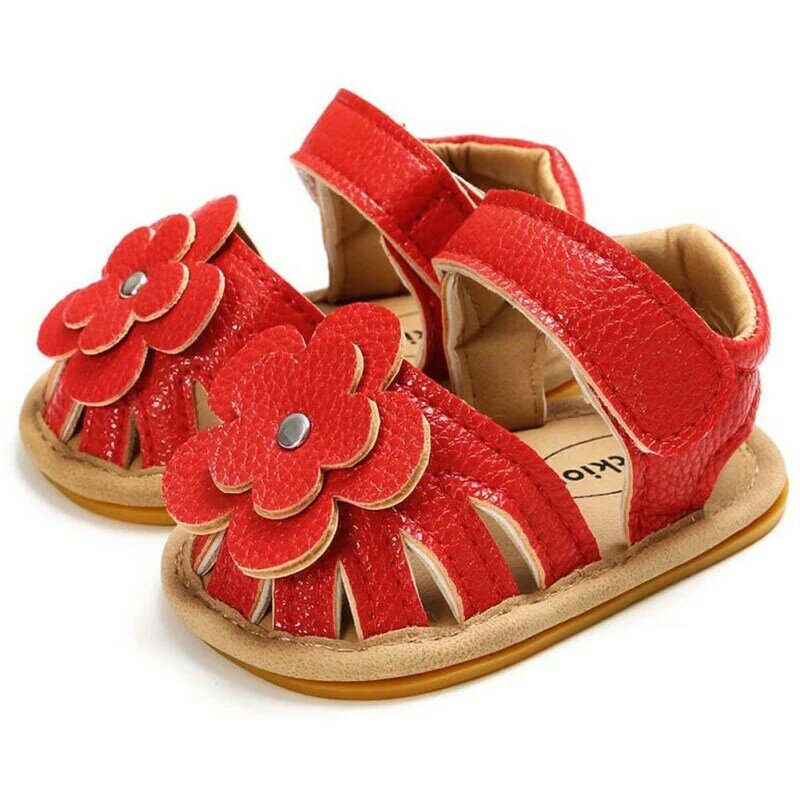 0〜24mの柔らかい革のサンダル,滑り止めの花,平らな幼児の靴,女の子のための夏の靴