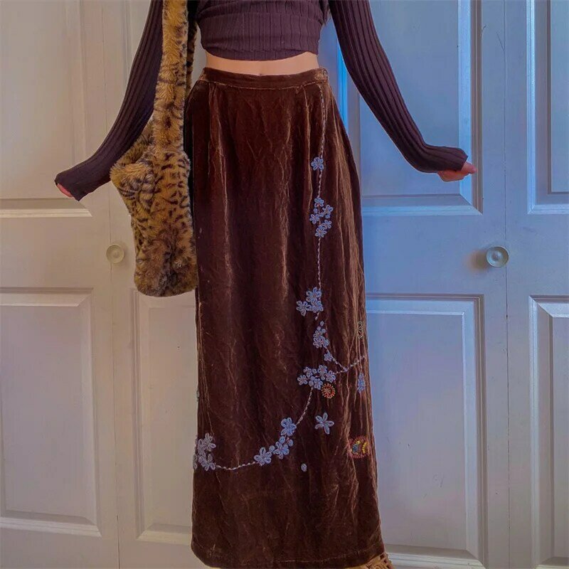 Длинная прямая юбка с высокой талией hirigin y2k Fairycore Grunge, ретро юбка макси с цветочной вышивкой в стиле 90-х, Женская винтажная одежда в стиле бох...
