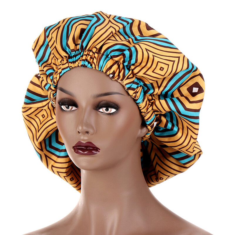 Gorro con estampado de patrón africano para mujer, gorro de dormir de satén elástico, Extra grande, para la cabeza, para el cuidado del cabello