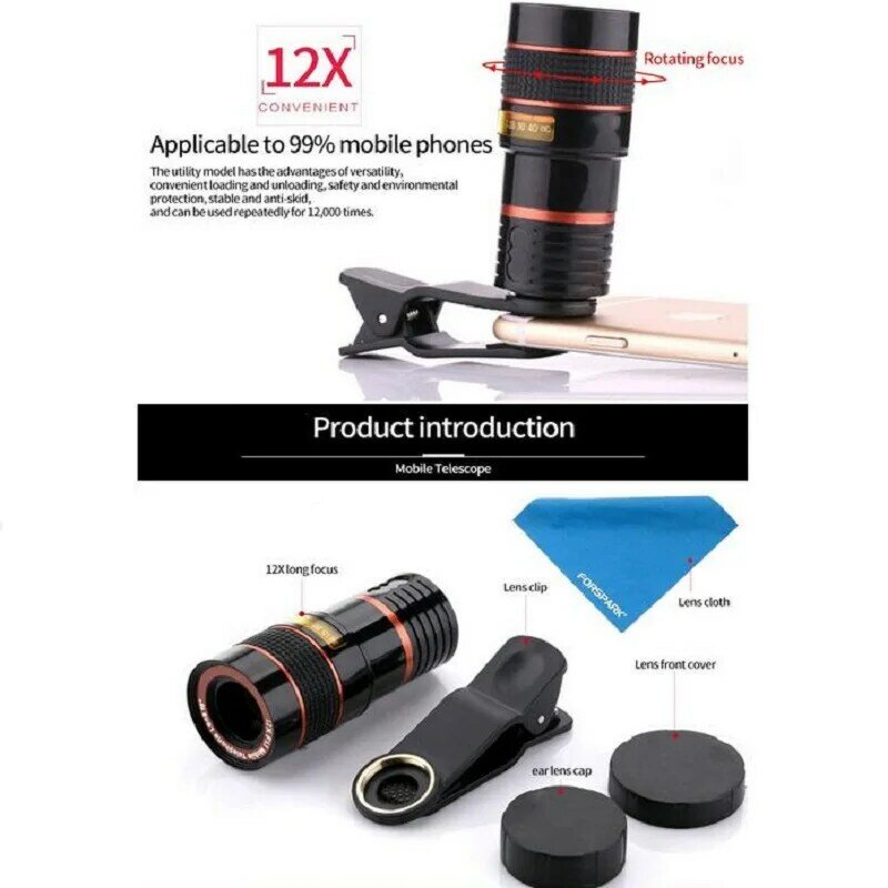 12x 8x zoom óptico macro lente hd com tampa da lente clipe de telefone para smartphone câmera lente acessórios substituição filtro lente