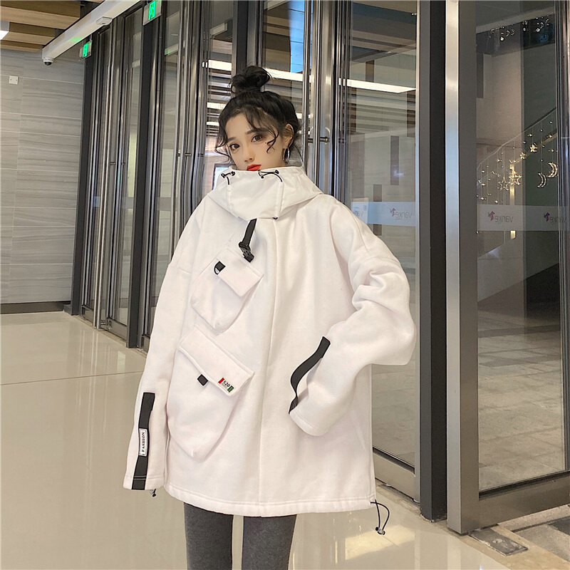 Solto grosso casacos femininos e jaqueta outono costura multi-bolso streetwear funcional moda harajuku moletom jaqueta de inverno