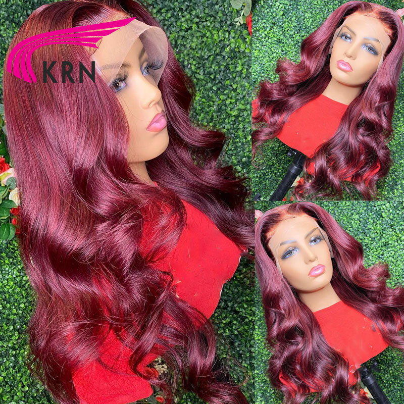 KRN 99J Merah Burgundy 180% Ketebalan Remy Rambut Manusia Brasil dengan Rambut Bayi Bergelombang Wig 13X4 Renda Depan Wig untuk Wig Rambut Wanita