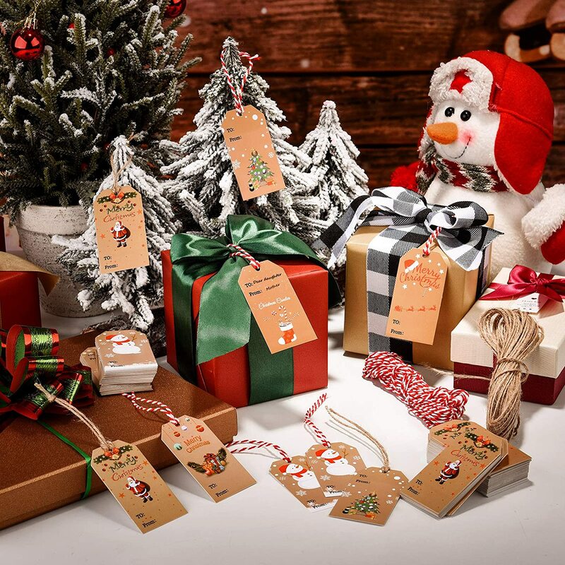 100-300Pcs Merry Christmas หมวดหมู่กระดาษคราฟท์ป้ายป้าย DIY Hang Tags ห่อของขวัญบัตรของขวัญคริสต์มาส Favors Supplies