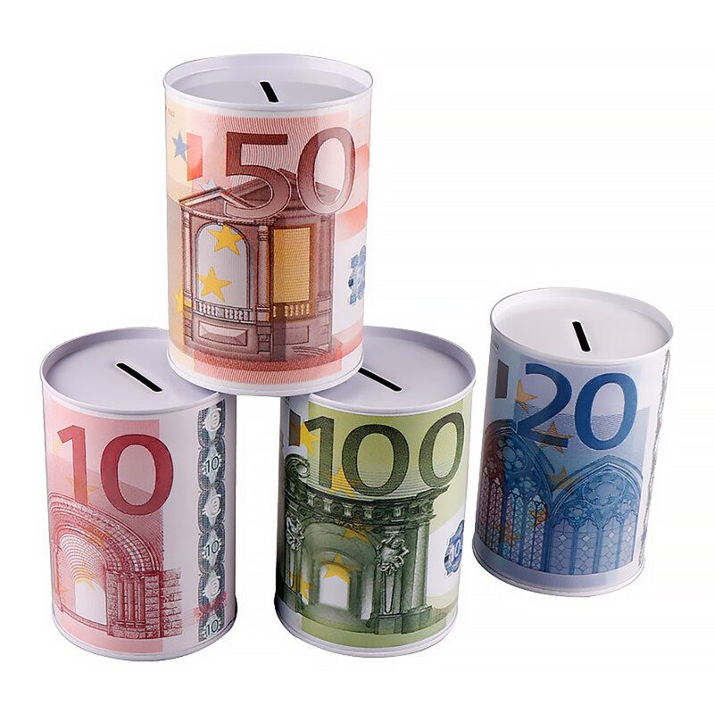 Cylindre en métal créatif Euro Dollar, boîte à argent, décoration de maison en étain pour enfant