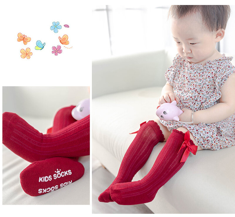 Chaussettes en coton éponge antidérapantes pour bébé fille, chaussettes longues à nœud, princesse Sokken, pour noël et hiver