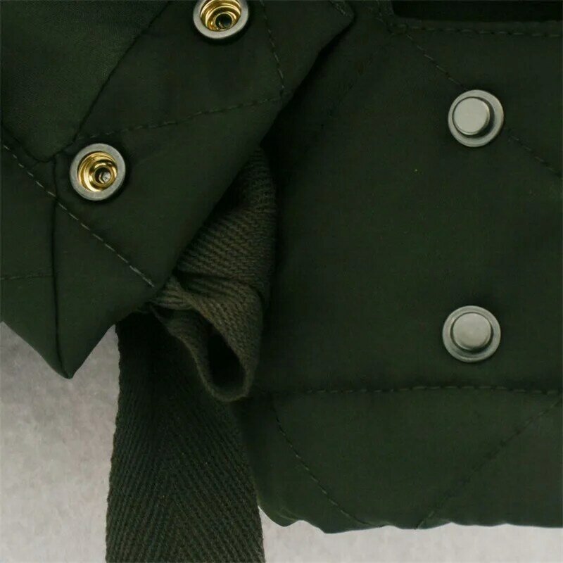 Traf feminino 2021 pocekts verde coletes estofados moda botões laterais gravata turn-down collar streetwear