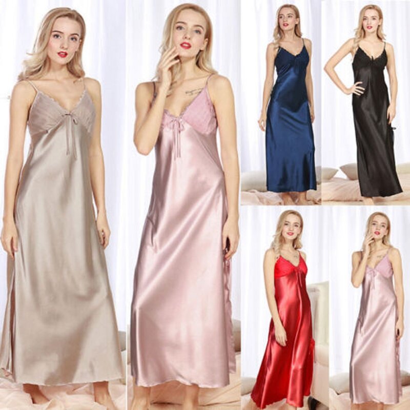 Women's Satin Silk Long Sleepwear Nightdress Lingerie Nightwear Dress Night Skirt Deep V Neck Nightgowns