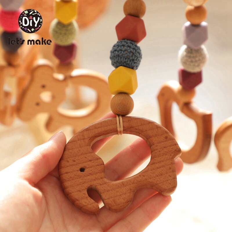 Let's Make 1pc Baby Hanging Bed Bell BPA Free Olive Oil Beech Wood Rodent Animal Elephant Baby Rattles Stroller Wooden Pendant