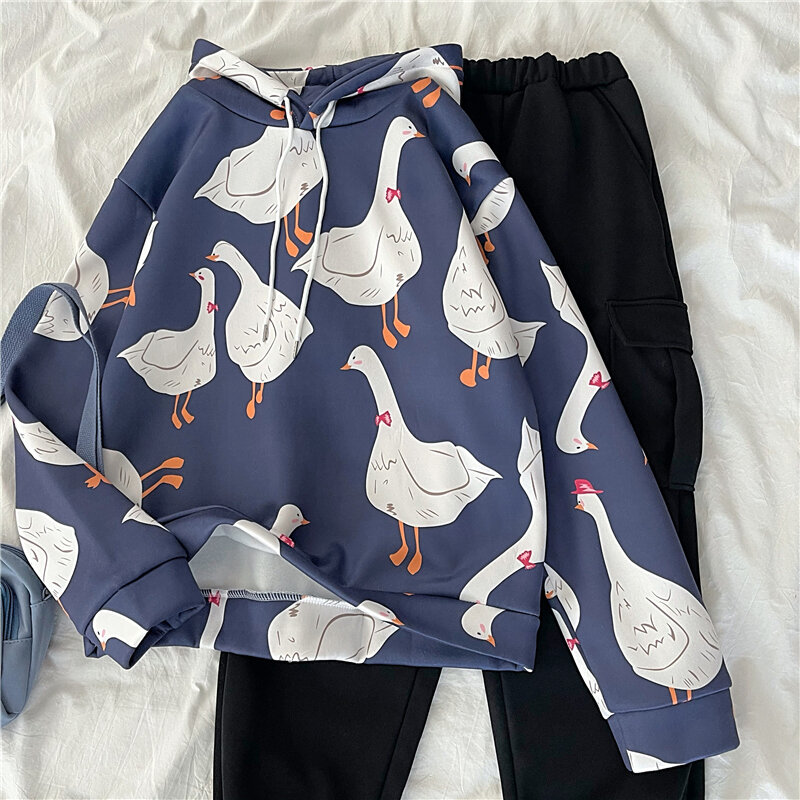 Women'S Two Piece Sets Hoodies Pants Suit Student Cute Outwear 2021 Autumn Winter Thick Warm Blue Navy Trousers Suit