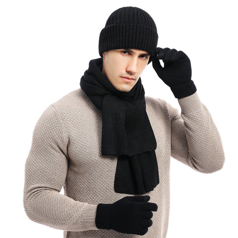 秋と冬のウォームスーツ混合色ニット男性ウールの厚手の帽子スカーフ男性手袋3男性のため