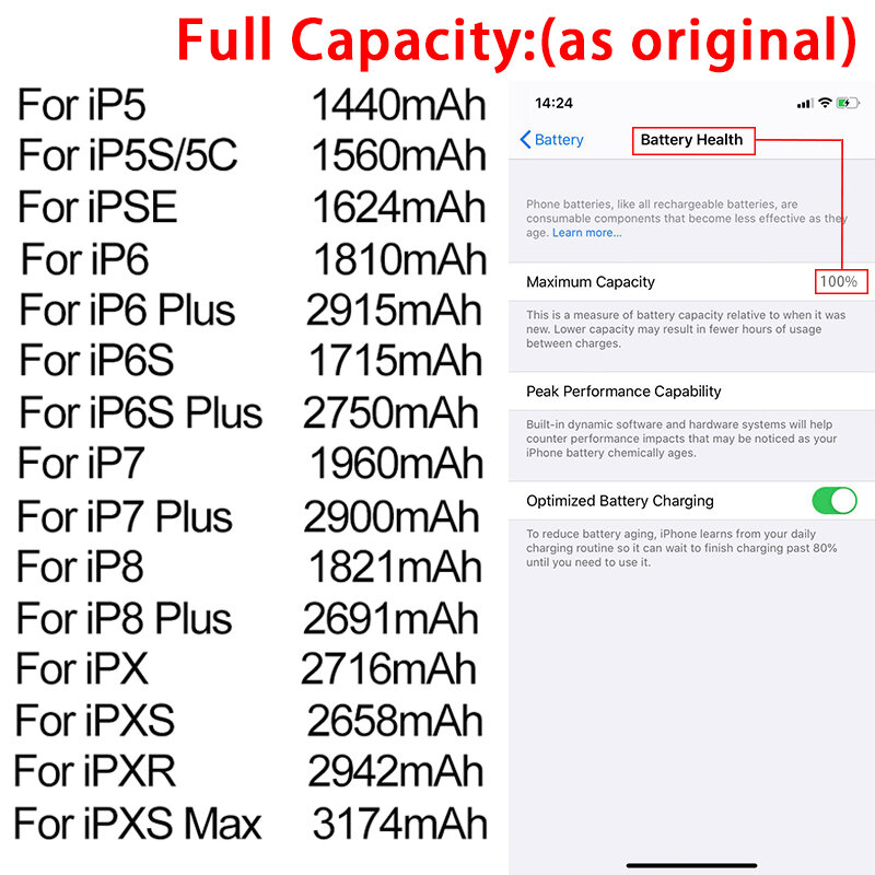 QTDITUO Mobile Phone Battery For iPhone X XS XR Xs Max 5 5S 5C SE 6 6S6 P 6SP 7 7P 8 8Plus High Capacity 2716/2658//2942/3174mAh