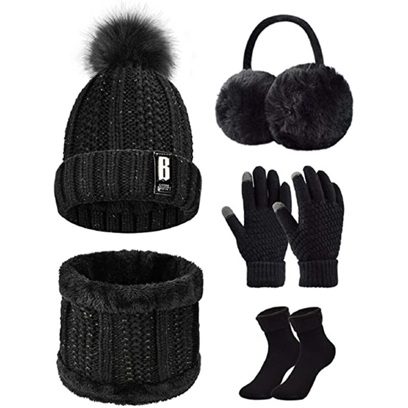 Women Winter Knitted Hat and Scarf Set Winter Gloves Socks and Earmuffs Warming Outdoor Set NYZ Shop