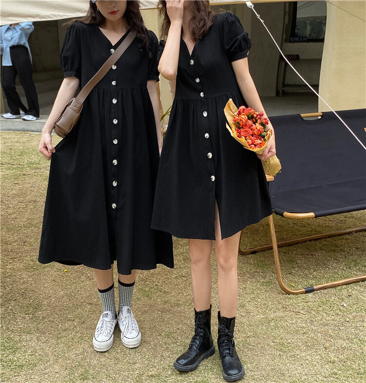 Club Dress Women Button Sexy Harajuku Dress 2021 Summer New V-Neck Loose Short-Sleeved Cottom Mini Dress And Long Dress 3014E