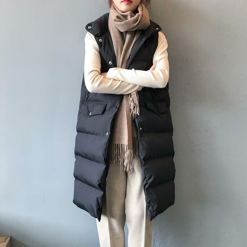 Nowa jesienno-zimowa kamizelka bawełniana damska Casual kamizelka damska bez rękawów długa kamizelka Slim Fit ciepłe proste płaszcze damskie