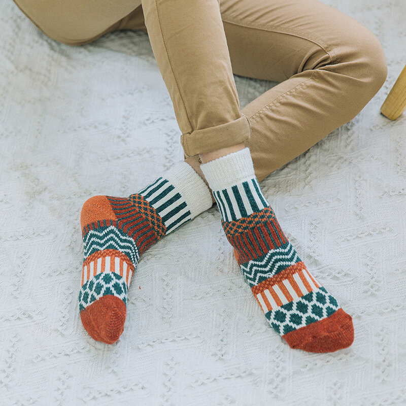 1 пара, зимние плотные теплые шерстяные женские носки, Разноцветные носки, модные повседневные хлопковые носки с цветами в этническом стиле
