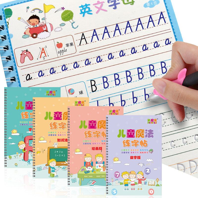 Libro de aprendizaje de números en inglés para niños, libro de práctica de pintura artística, cuaderno de escritura de caligrafía, juguete de letras en inglés, 4 libros
