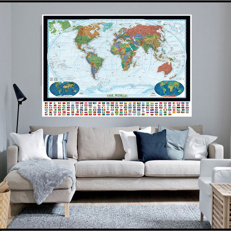 Cuadro de mapa del mundo con banderas nacionales para decoración del hogar, lienzo no tejido, póster moderno de arte de pared para sala de estar, 150x100cm