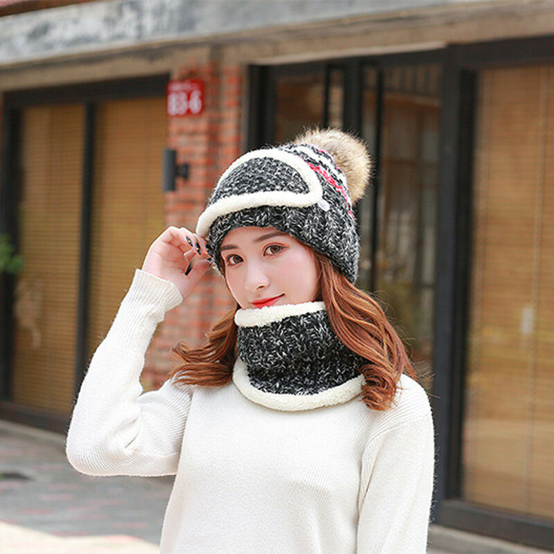 Winter Beanie Hats Scarf Set Warm Knit Hat Skull Cap Neck Warmer with Thick Knitted Wool Pompom Winter Hat Scarf for Women