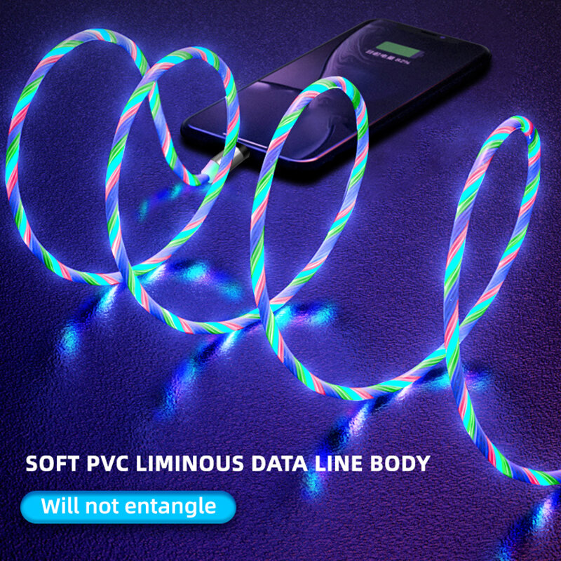 LED Glow Flowing Magnetic Charger Cable Luminous Lighting Fast Charging Micro USB Type C For iPhone Android Phone USBC Wire Cord