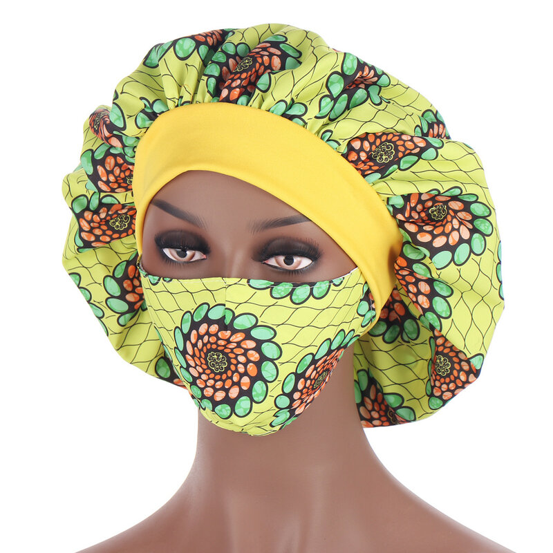 African Pattern Print Satin Bonnet Hijabs Hat Women Night Sleep Cap  with Mask Turban Extra Large Head Wear Lady Head Wrap