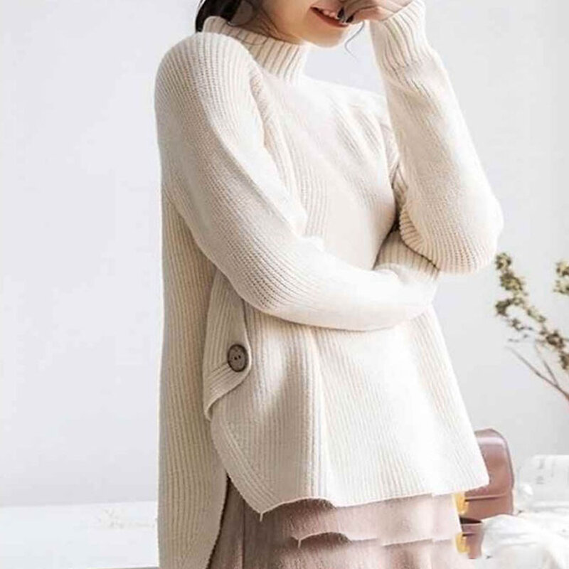 2021 Women Sweaters And Pullovers New Korean Fashion Half Turtleneck Irregular Loose Lazy All-match Solid Ladies Thick Sweater