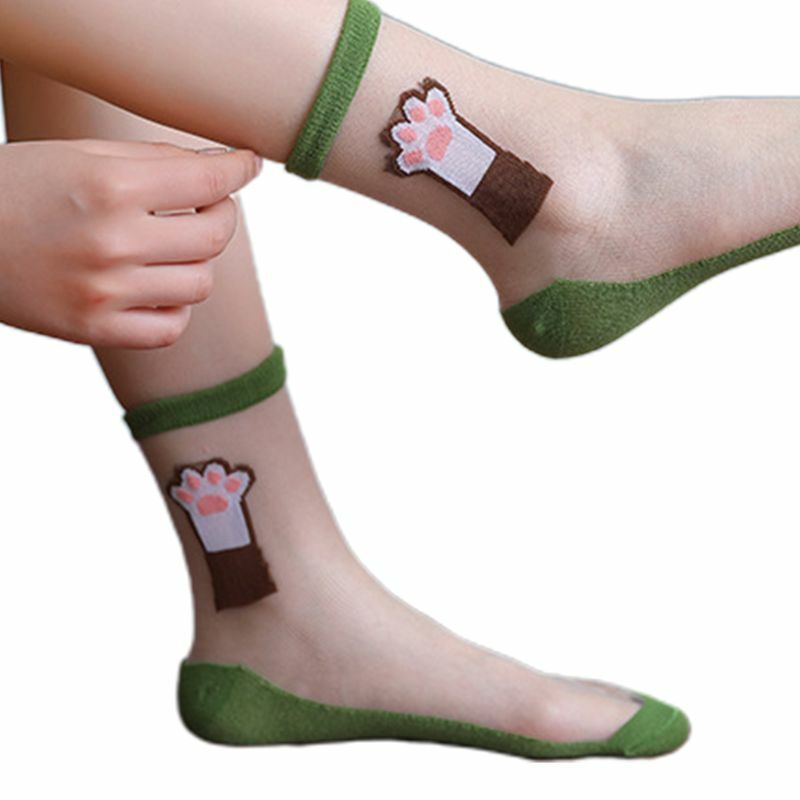 Mulheres verão fibra de vidro ultra-fino tornozelo meias bonito animal gato pata bordado brilhante doce cor mid tube meias