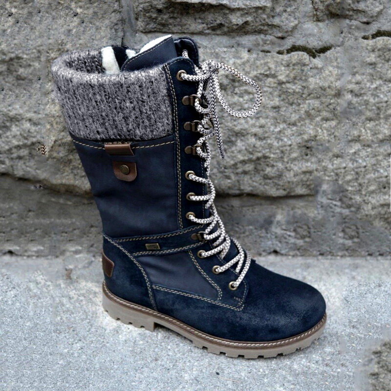 여성 Mid-Calf Boots 2020 겨울 따뜻한 펑크 부츠 사이드 지퍼 부츠 야외 비 슬립 부츠 니트 패치 워크 숙녀 부츠 Mujer