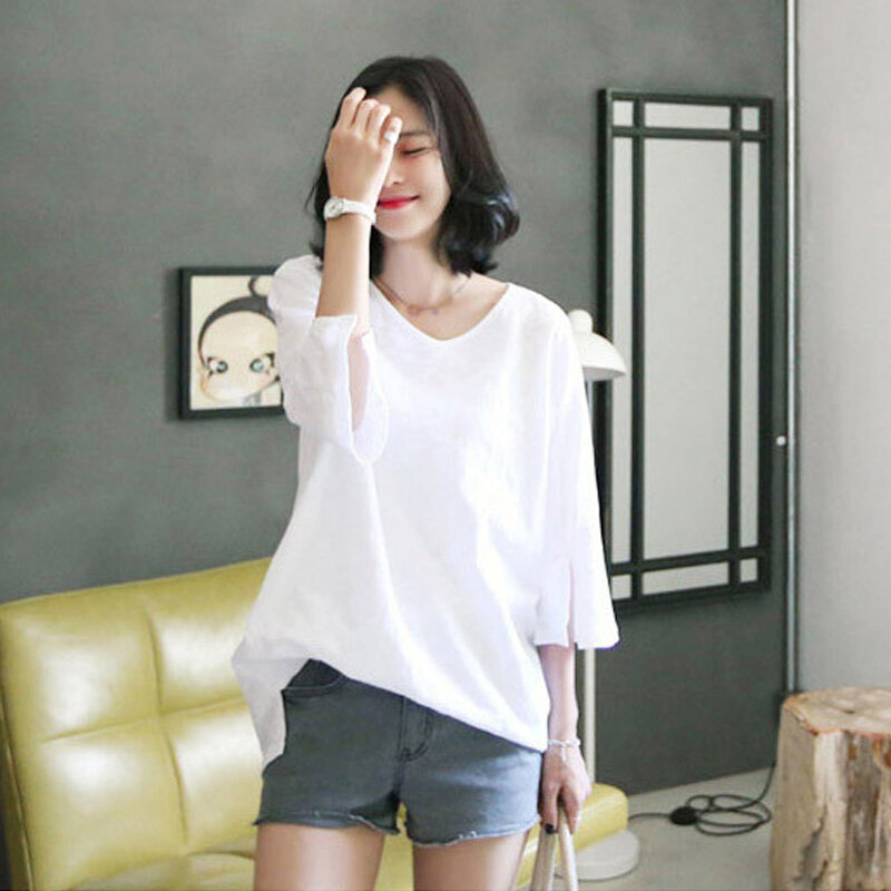 2020 Summer Autumn New Style White Short Sleeve Mid-Length Slub Cotton Women's T-shirt Long Sleeve Loose Three-Quarter Sleeve