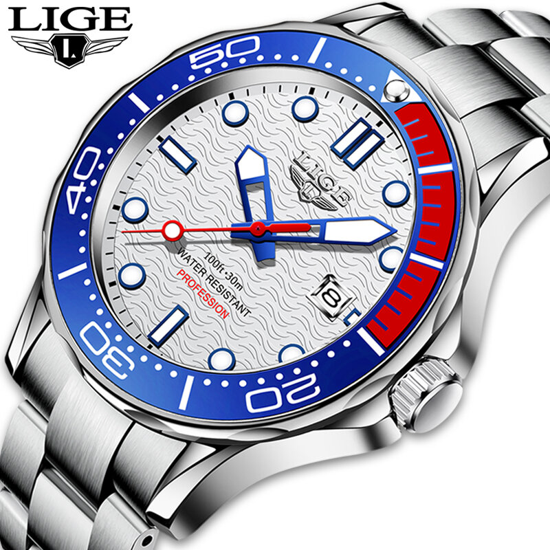 2021 새로운 LIGE 남자 시계 남자에 대 한 최고 브랜드 럭셔리 스테인레스 스틸 방수 석 영 손목 시계 패션 빛나는 스포츠 시계 + 상자