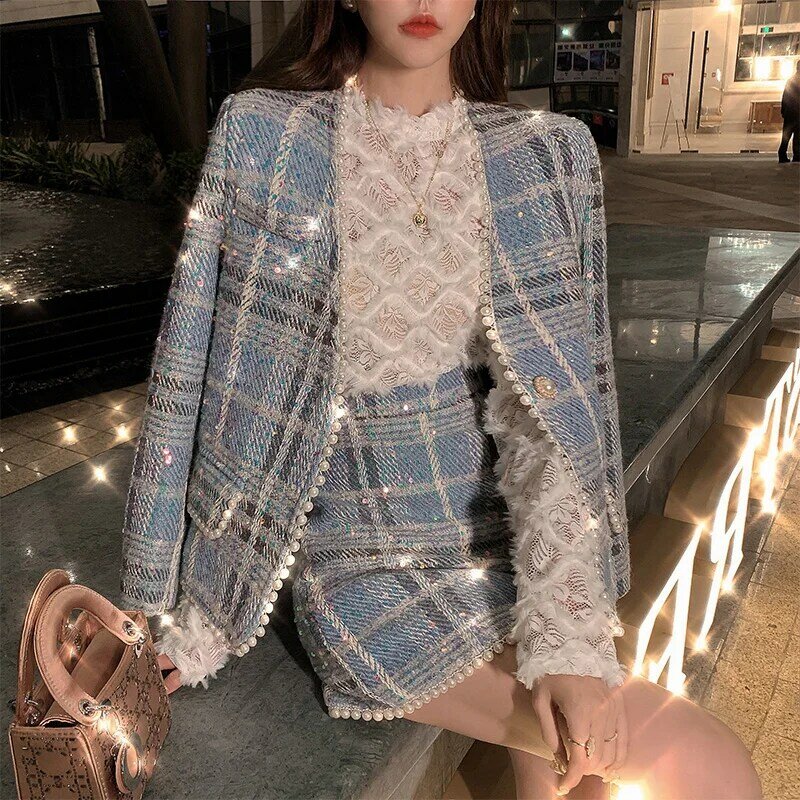 Small Fragrance Korean Chic Autumn Elegant V-Neck Pearl Plaid Tweed Jacket Coat + High Waist A-Line Skirts Two Piece Set