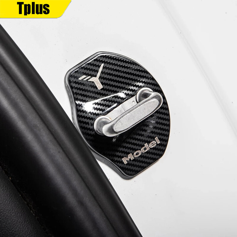 Tplus Stiker Kunci Pintu Mobil untuk Tesla Model 3 /Model Y Logo Aksesori Penutup Pelindung Dekoratif Serat Karbon Logam