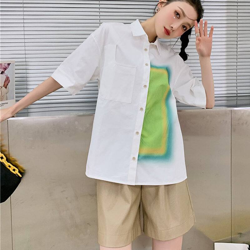 Camisa de manga curta feminina verão 2021 novo estilo francês vintage design impressão lapela botão solto casual blusa feminina ou topo
