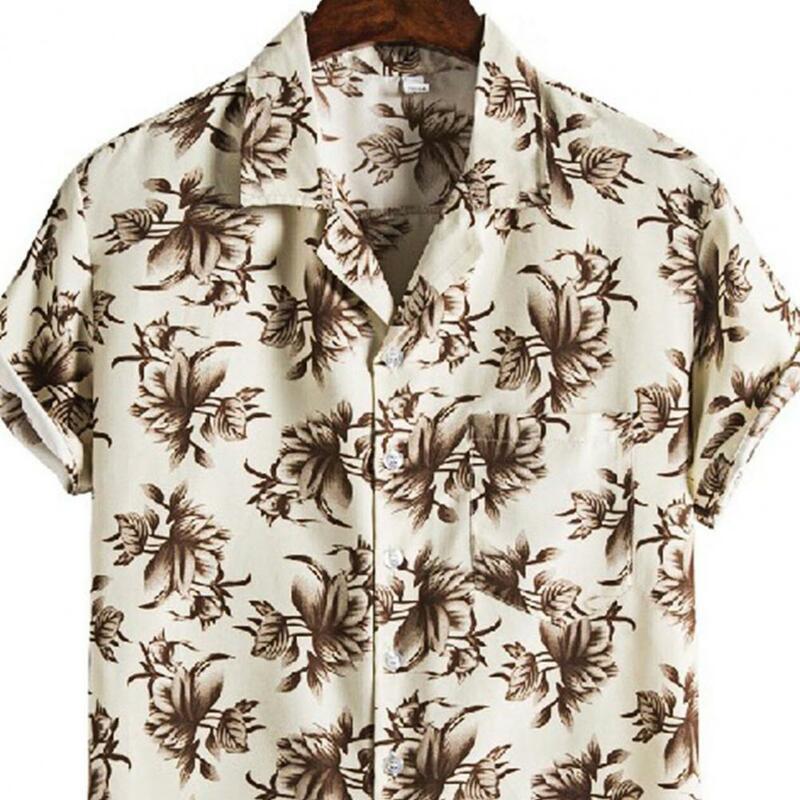 Maglietta hawaiana da spiaggia a maniche corte con colletto rovesciato a maniche corte con stampa estiva da uomo