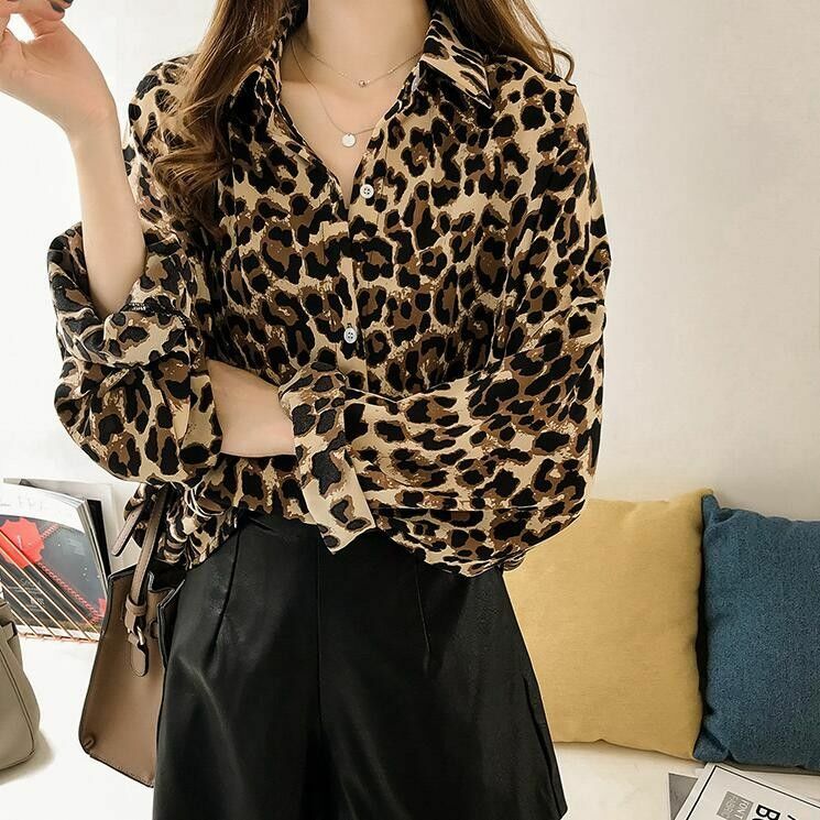 Outono/inverno novo tamanho grande solto base manga longa camisa de comprimento médio leopardo impressão camisa
