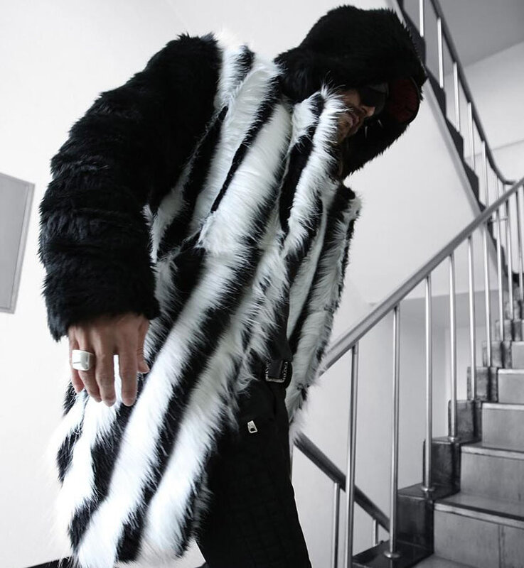 Abrigos de piel sintética para hombre, chaquetas con capucha de imitación de piel de zorro a la moda, abrigo informal de cintura ancha y larga, D621
