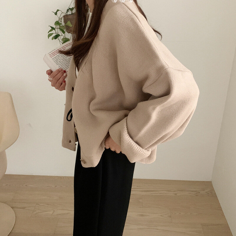 Knitted Cardigan Sweater Women Autumn Winter Long Sleeve Loose Coat Casual Single Breasted Thick V-Neck Solid Female Tops