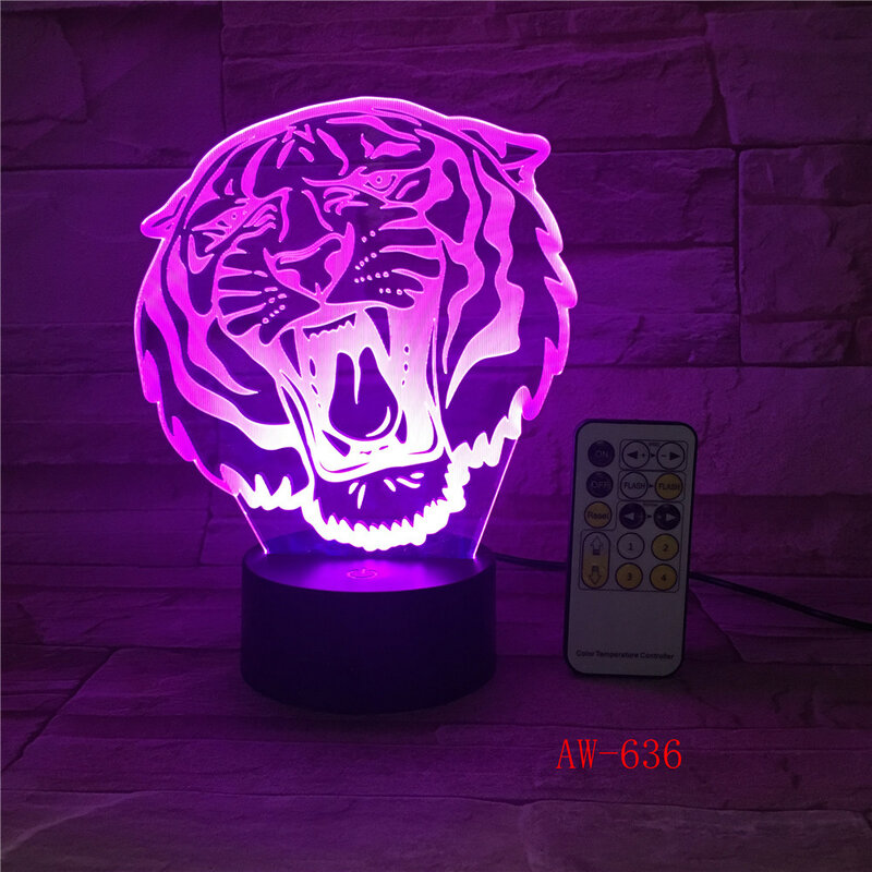 Tiger-head modelo 3d led night light 7 cores candeeiro de mesa novidade produto luz com botão de toque escritório luz gota AW-636