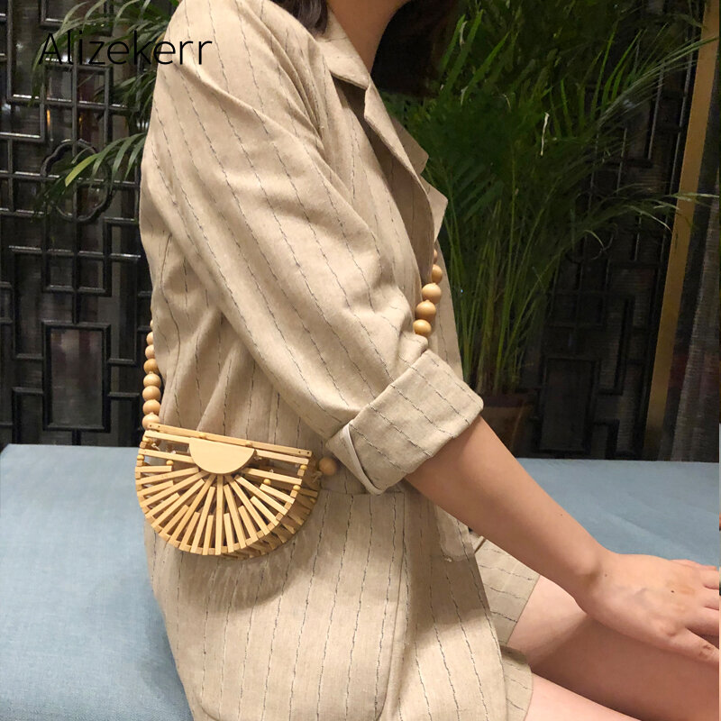 Bolsa de praia de bambu feminina meia lua, correntes de madeira com miçangas, mini bolsa de ombro mensageiro, bolsa de palha casual para mulheres, 2020