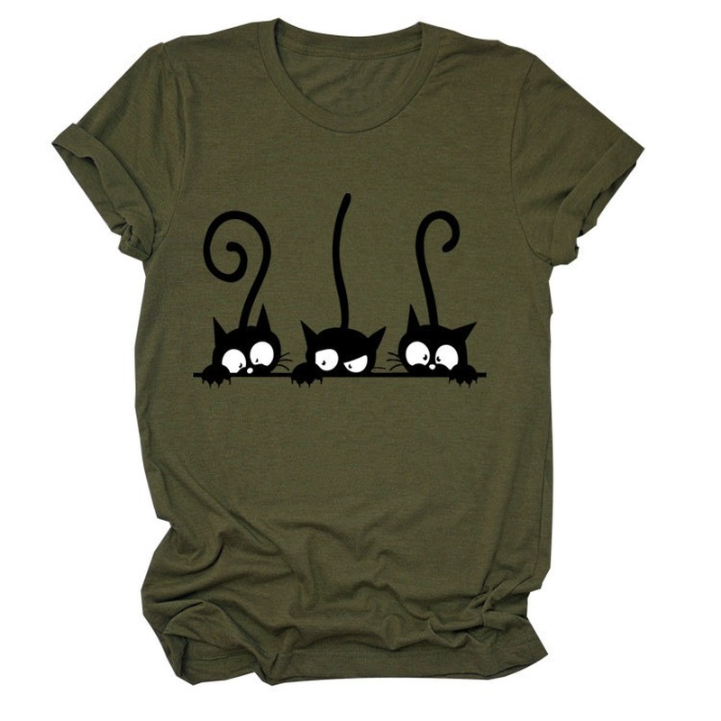 T-shirt manches courtes col rond femme, ample et noir avec chat mignon imprimé