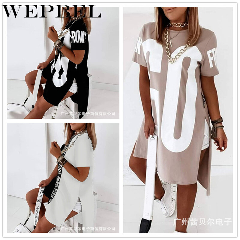 Wepbel-レタリングプリントのショートカジュアルサマードレス,半袖,ラウンドネック