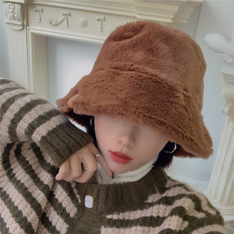 Японский осень-зима Новинка, шапка Панама милые все-матч плюшевые ведро шляпа для женщин в Корейском стиле-Стиль толстые теплые ведро шляпа