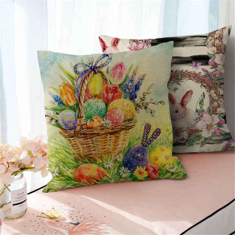 Taie d'oreiller imprimée, taie d'oreiller décorative, motifs de dessins animés, oeufs de pâques, lapins, pour canapé, chaises, décoration de la maison, 45x45cm