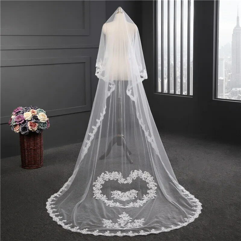 NZUK 2022 One layer Long Wedding Veil with Comb Appliques Elegant 3 Meters Heart-shaped Lace Pattern Bridal Veils Accessory