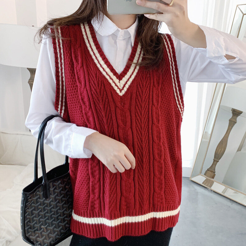 Colete suéter feminino sem mangas, colete de malha casual folgado com decote em v estilo coreano, outono e inverno 2020