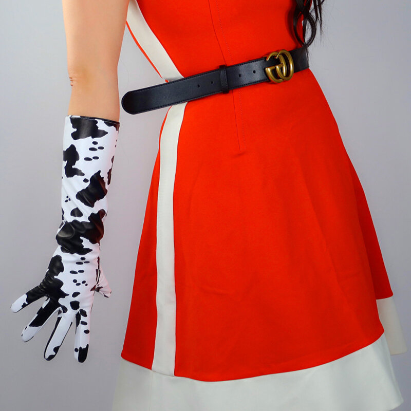 Lange Leder Handschuhe Weibliche 60cm Kühe Muster Faux Leder Schaffell Mode Schwarz Weiß Kontrast Tier Gedruckt Frauen WPU311