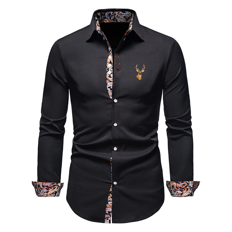 Camisas clássicas do bordado dos cervos do luxo dos homens botão acima blusa ocasional topos cobertos padrão do negócio-camisas longas do ajuste